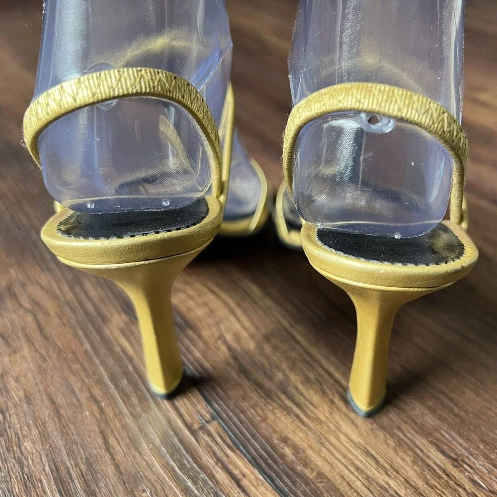 Bebe Sandals Size 6.5 Gillie Crossover Strappy Slingback Heels Metal Gold Yellow